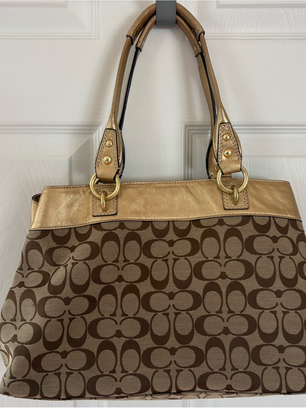 Coach Brown Signature Tote with Gold Trim - Picture 4 of 6